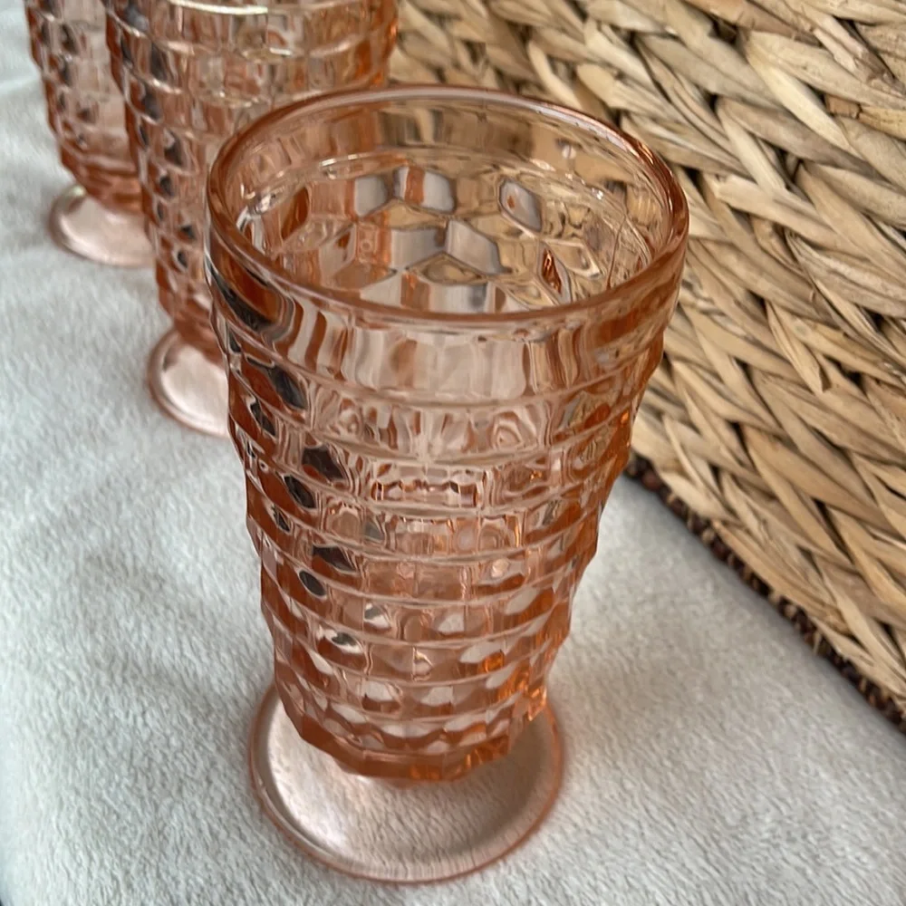Vtg 4 Indiana Whitehall Peach Pink Ice Tea  Cooler Drinking Glasses Cubist - Picture 10 of 14